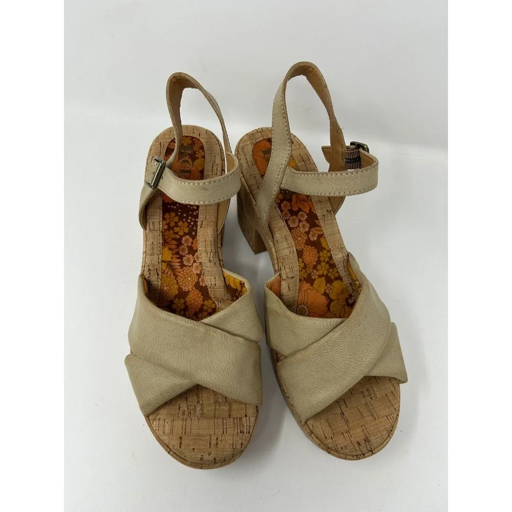 Korks Tan Cork Platform Block Heel Sandals Retro Floral Footbed Womens Size 10M